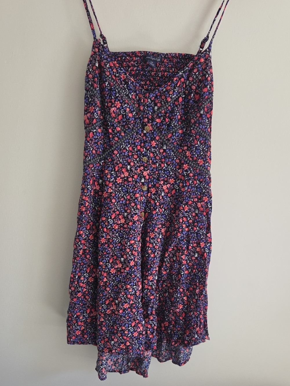 American Eagle Ditsy Floral Smocked Open Back Lace Romper Dress Shorts Blue S